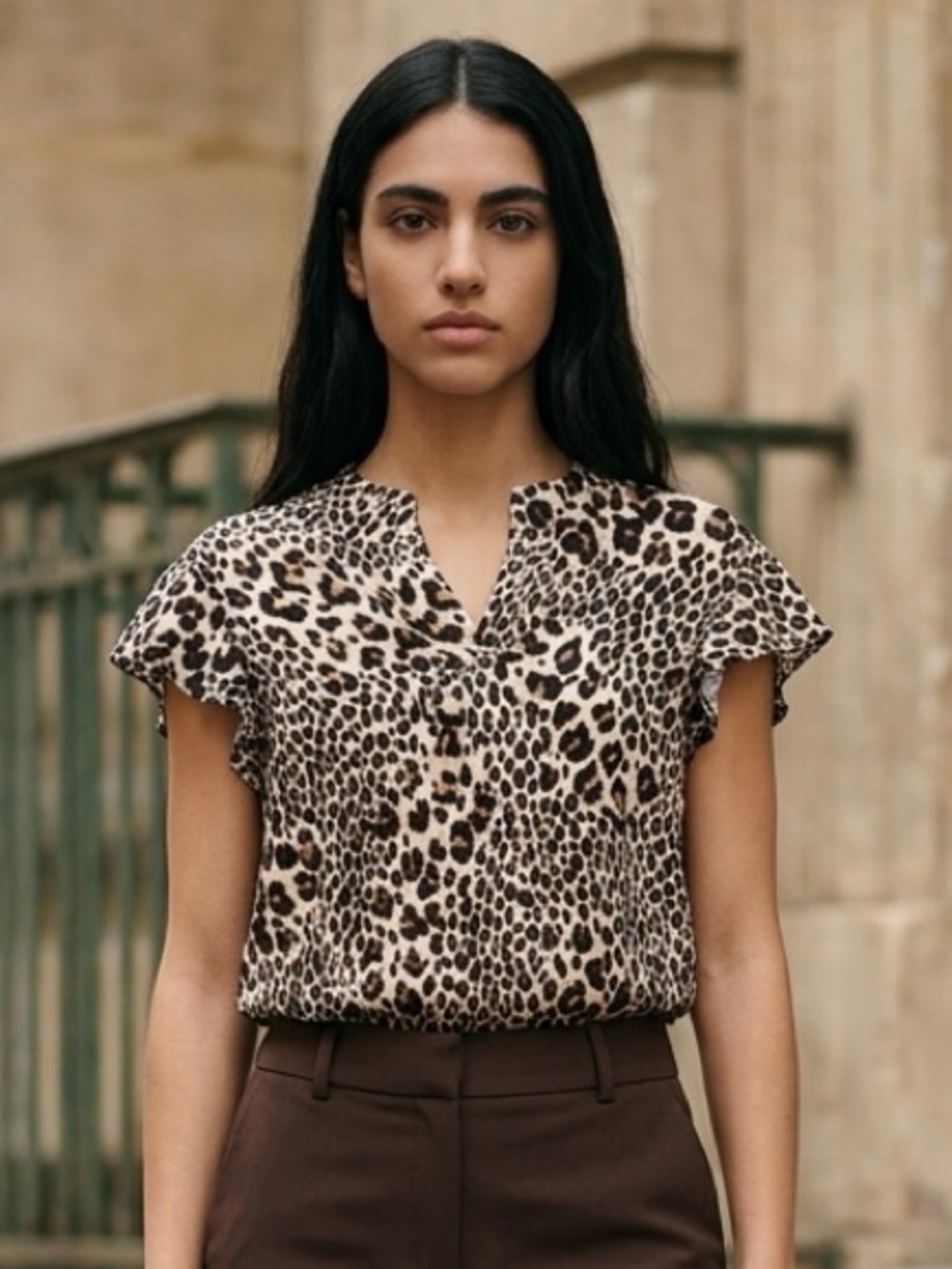 Leopard Print Short Sleeve Blouse in Beige and Black